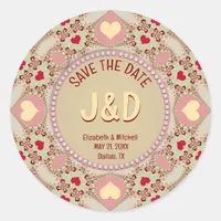 Elegant Pink Country Sweetheart Monogram Lace Classic Round Sticker