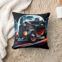 Retro hot rod cruising under a vibrant moonlit sky throw pillow