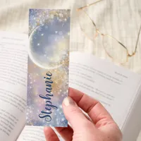 Large Crescent Moon Sparkling Stars Custom Bookmarks