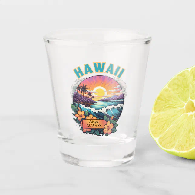 Sunset at Hawaii Beach Mountains Tropical Plumeria Shot Glass