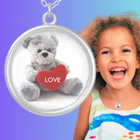 Gray Teddy Bear Love Round Silver Plated Necklace