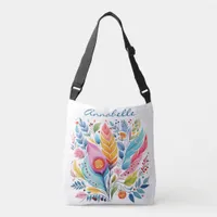 Colorful Feather Floral Tote Bag, Boho Style,