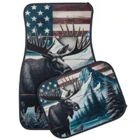 Moose Against Mountain and Flag Background Car Floor Mat