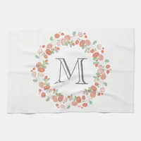 coral roses wreath monogram kitchen towel