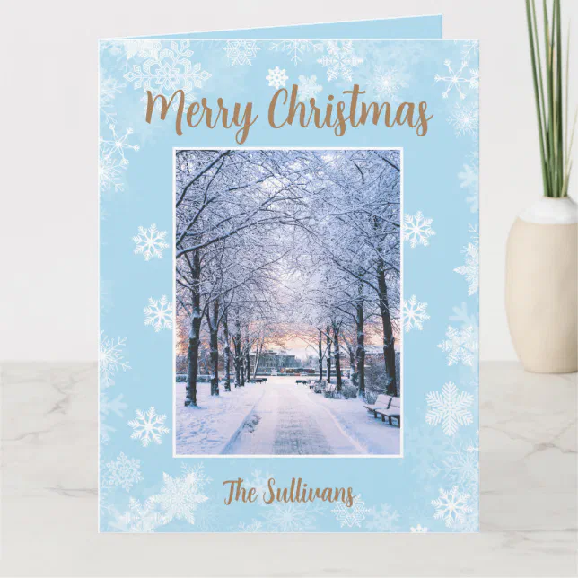 Merry Christmas Snowflakes Gold Script Four Photos Card