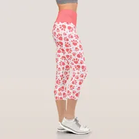 Cute Coral And White Heart Animal Paw Prints Capri Leggings