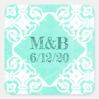 Personalized Teal Wedding Date & Initials Stickers