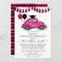 Vintage Pink Beetle Balloons Drive By Graduation Invitation