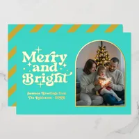 Turquoise & Gold Modern Retro Christmas Photo Foil Holiday Card