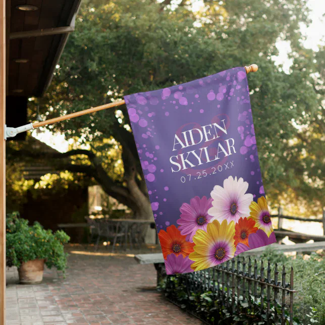 Elegant Daisies with Purple Glitter Wedding House Flag