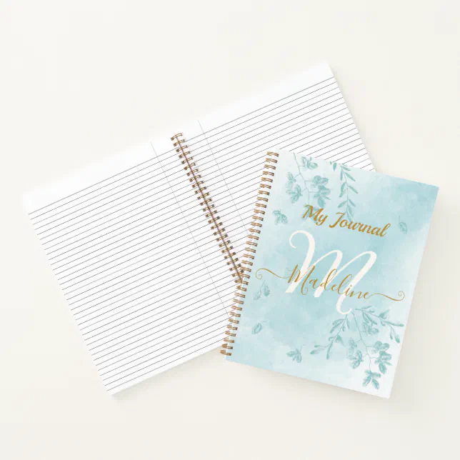 Watercolor Blue Leaves Monogram Notebook