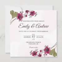 Plum Botanical Watercolor Floral Square Wedding Invitation