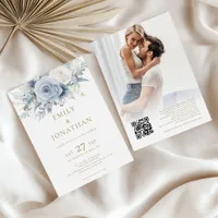 Dusty Blue Florals Photo Gold Text QR Code Wedding Invitation