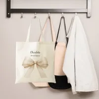 Bridesmaid bow beige cream name tote bag