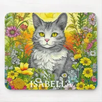 Personalized Whimsical Cat and Flowers Mouse Pad