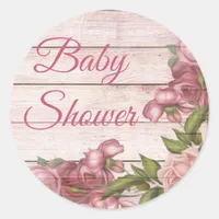 Girl's Baby Shower Vintage Rose and Wood Classic Round Sticker