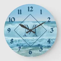 Monogram Blue Ocean Waves Crashing on Beach Large Clock