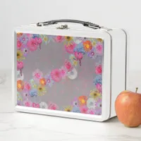 Charming vintage flowers on gray metal lunch box