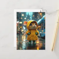An Adorable Mouse in a Yellow Rainsuit in the City Postcard