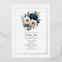 Navy Blue, Cream and Silver Floral Bridal Shower Foil Invitation