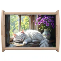 Cat Napping on the Window Sill | Purple Flowers Serving Tray