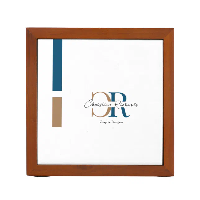 Blue Gold Monogram Simple Modern Desk Organizer