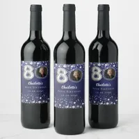80th birthday navy blue silver stars photo wine label