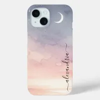 Watercolor Soft Crescent Moon With Name iPhone 15 Case