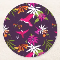 Pink Purple Pretty Hummingbird Tropical Pattern Round Paper Coaster