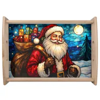 Santa Claus with Bag of Gifts Stained Glass Style Serving Tray