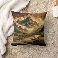 Jesus in Majestic Mountain Landscape With River Throw Pillow