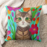 Folk Art Whimsical Style Cat and Flowers Throw Pillow