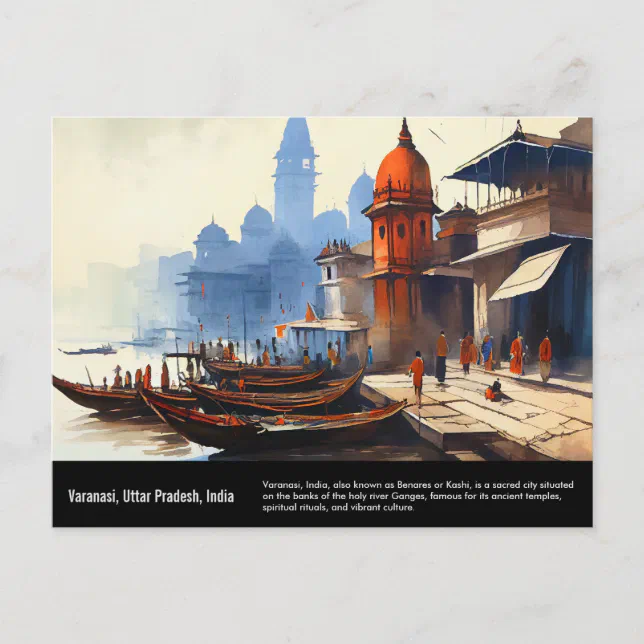 Varanasi Watercolor Painting | Travel India Postcard