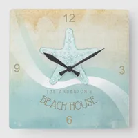 Beach House Nautical Starfish Aqua Blue ID623 Square Wall Clock