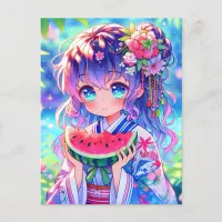 Cute Anime Girl Eating Watermelon on a Summer Day Postcard