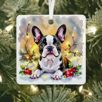 Cute Festive Boston Terrier Personalized Christmas Metal Ornament