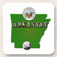 Arkansas Map, Seal and State Faux Quarter Beverage Coaster