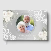 25th Wedding Anniversary silver photo lace floral Foil Guest Book