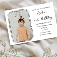 Cute Bow Simple Photo Black & White Kids Birthday Invitation