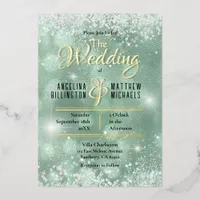 Elegant Aqua Teal Glitter Confetti Wedding Gold Foil Invitation