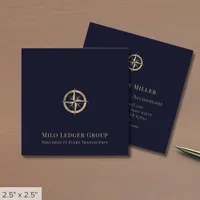 Navy Blue Gold Compass Logo Square Business Card