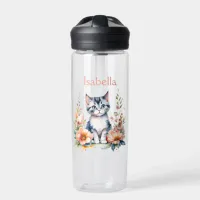 Personalized Gray Kitten in Pink Flowers Water Bottle