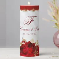 Elegant Red White and Gold Floral Monogram Wedding Pillar Candle