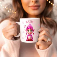 Personalized Christmas Elf Pink Snowflakes Holiday Coffee Mug