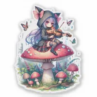 Fairy in Hoodie Playing Viola on a Mushroom  Sticker