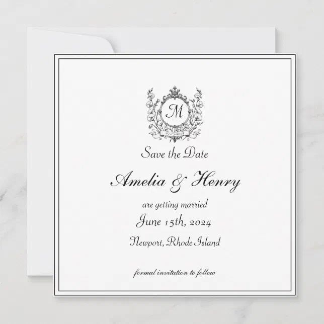 Regal Classic Formal Monogram Crest Wedding  Save The Date