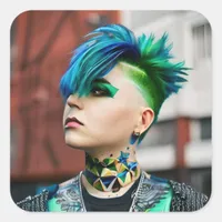 Transgender Person with Blue and Green Mohawk Square Sticker