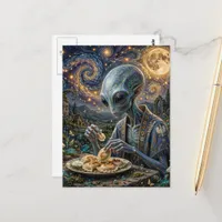 Alien Eating Pierogies on a Starry Night Postcard