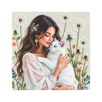 Beautiful Woman, Cat and Dandelions Metal Print