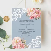 Dusty blue pink rose gold florals lace wedding invitation